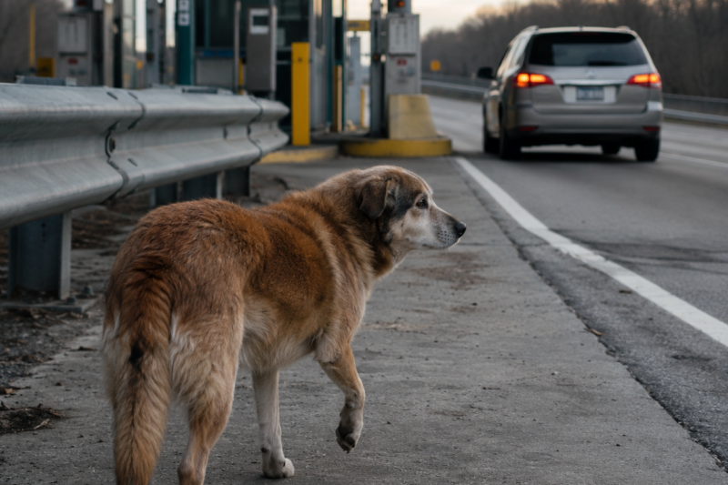 YOU OPENED THE PASSENGER DOOR BEFORE THE TOLL BOOTH AND LEFT HER ON THE CONCRETE LIKE SHE WAS NOTHING.  SHE SAW YOUR RIGHT TURN SIGNAL FLASH AGAIN A HUNDRED YARDS DOWN THE ROAD.  AND FOR ONE HEARTBREAKING SECOND, THAT ELEVEN-YEAR-OLD DOG THOUGHT YOU WERE COMING BACK.