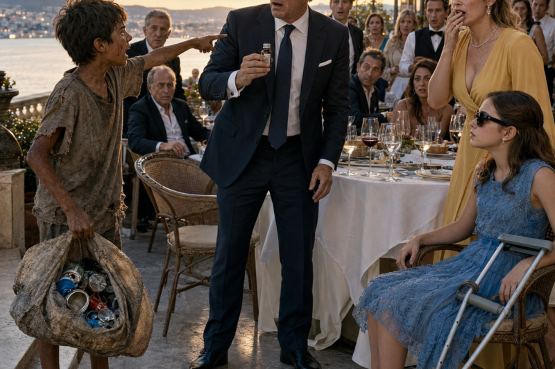 THE BOY LOOKED LIKE HE HAD COME TO BEG FOR FOOD, UNTIL HE POINTED AT THE MILLIONAIRE’S TABLE AND SCREAMED THAT HIS BLIND DAUGHTER COULD SEE. EVERY GUEST ON THE TERRACE TURNED AT ONCE, BUT THE FATHER DID NOT MOVE—BECAUSE THE BOY HAD JUST SAID THE ONE THING HE HAD BEEN AFRAID TO THINK. THEN THE CHILD IN DARK SUNGLASSES TURNED HER HEAD TOWARD THE BOY’S EXACT VOICE, AND HER MOTHER’S FACE WENT COMPLETELY WHITE.