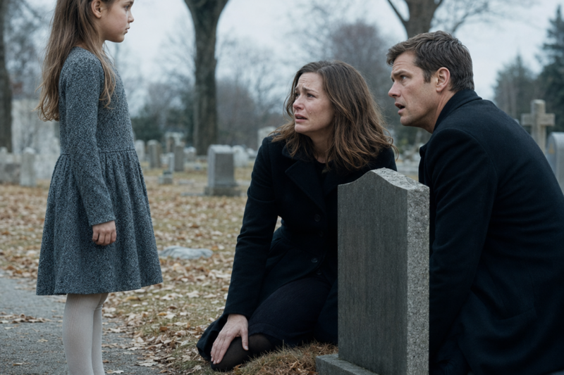 THE MOTHER WAS KNEELING IN WET LEAVES WHEN A BAREFOOT LITTLE GIRL POINTED AT HER SONS’ PHOTO AND SAID THEY WERE NOT GONE. THE FATHER HAD COME TO THE CEMETERY TO STARE AT A HEADSTONE, NOT TO HEAR A STRANGER CLAIM HIS BOYS WERE STILL SOMEWHERE NEARBY. BUT WHEN THE CHILD WHISPERED, “THEY STAY WITH ME,” THE GRIEF AROUND THAT GRAVE TURNED INTO SOMETHING FAR MORE TERRIFYING THAN HOPE.