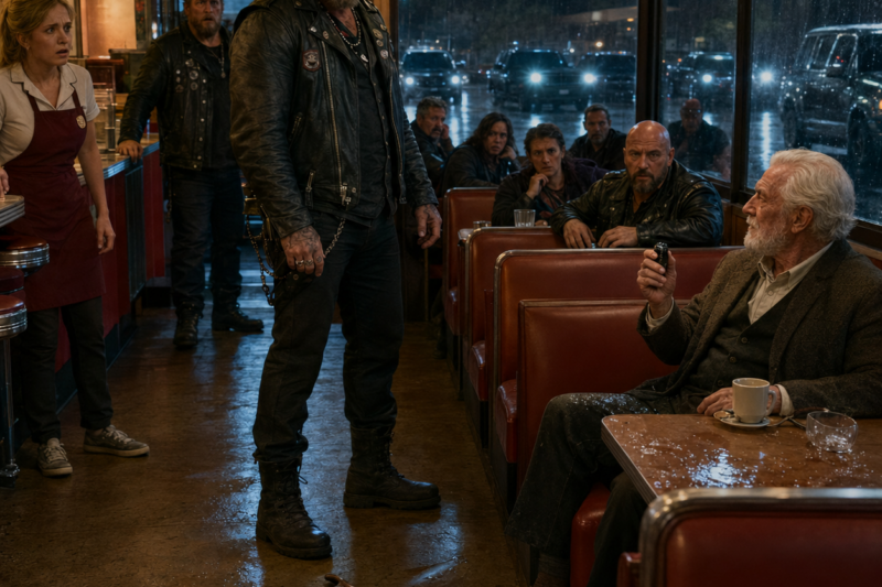 THE BIKER THOUGHT HE HAD FOUND A WEAK OLD MAN IN THE CORNER BOOTH. HE STOLE HIS CANE, LAUGHED IN HIS FACE, AND LET THE WHOLE DINER WATCH THE HUMILIATION. BUT WHEN THE OLD MAN PRESSED A SMALL BLACK DEVICE AND SAID, “IT’S ME. BRING THEM,” ONE MAN IN LEATHER STOPPED LAUGHING.