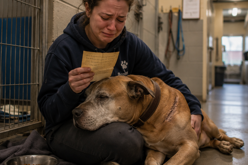 THE OLD PIT BULL STOPPED WAGGING HIS TAIL.  EVERYONE THOUGHT HE HAD BEEN ABANDONED.  THEN SOMEONE FOUND WHAT WAS HIDDEN INSIDE HIS COLLAR.