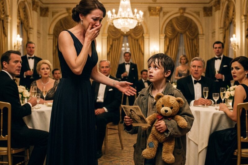 THE BOY WALKED INTO THE AUCTION WITH NOTHING BUT A BROKEN TEDDY BEAR. EVERYONE THOUGHT HE DIDN’T BELONG THERE. THEN THE MILLIONAIRE SAW THE RED RIBBON AROUND ITS NECK.
