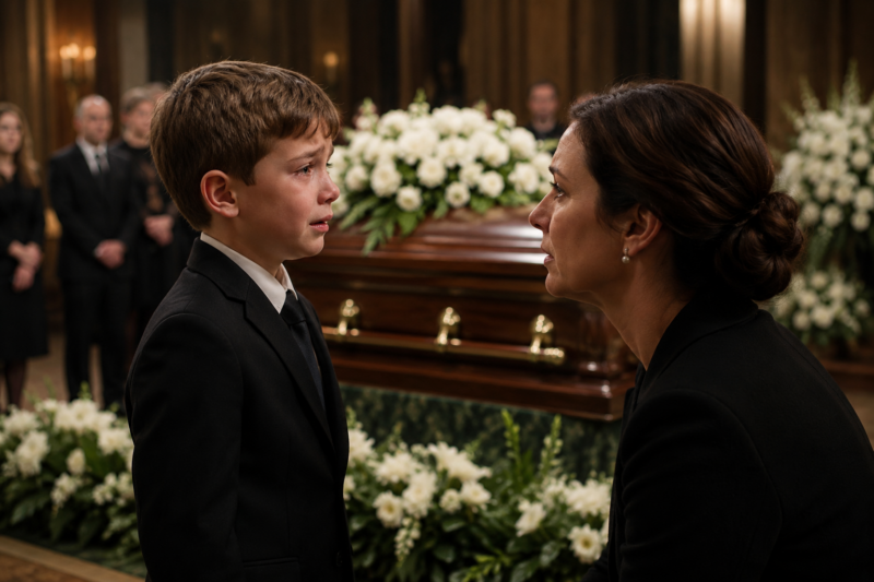 THE BOY WAITED UNTIL THE LAST SOB FADED BEFORE HE WALKED TOWARD THE CASKET LIKE HE BELONGED TO THE MAN INSIDE. THE WIDOW THOUGHT HE WAS JUST ANOTHER LOST CHILD UNTIL HE SAID HER HUSBAND HAD ASKED HIM TO COME. BUT THE MOMENT THE BOY PULLED A BROKEN HEART PENDANT FROM UNDER HIS HOODIE, THE ENTIRE FUNERAL FORGOT HOW TO BREATHE