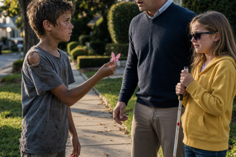 THE FILTHY BOY STEPPED INTO THE SUBURBAN SIDEWALK AND TOLD THE FATHER HIS BLIND DAUGHTER COULD SEE. THE MAN ALMOST GRABBED HIM BY THE SHIRT—UNTIL LILY’S HANDS TIGHTENED AROUND HER WHITE CANE. THEN THE BOY HELD OUT A PINK HAIR CLIP FROM THE DAY OF THE CRASH, AND EVERY LIE IN THAT FAMILY STARTED BREATHING.