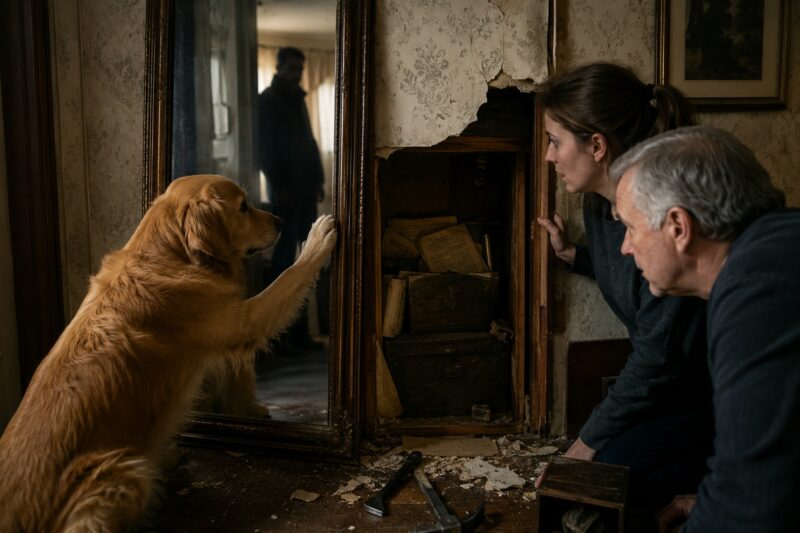 Like she expected the mirror to open.  “Girl,” I whispered, “what are you doing?”  She looked at me, then looked back at the mirror and pawed it again.