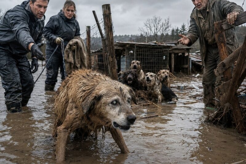 The water had already swallowed half the yard, the kennels smelled of mud and fear, and every bark sounded like a plea nobody had answered in time.