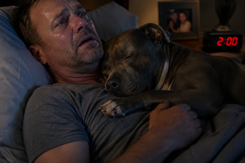 EVERY NIGHT AT 2 A.M., ROSCOE CLIMBED ONTO DAVID’S CHEST AND WOKE HIM FROM A TERRIFYING DREAM — BUT THEY DIDN’T KNOW THE PIT BULL WASN’T PROTECTING HIM FROM A NIGHTMARE… HE WAS WARNING HIM ABOUT HIS HEART