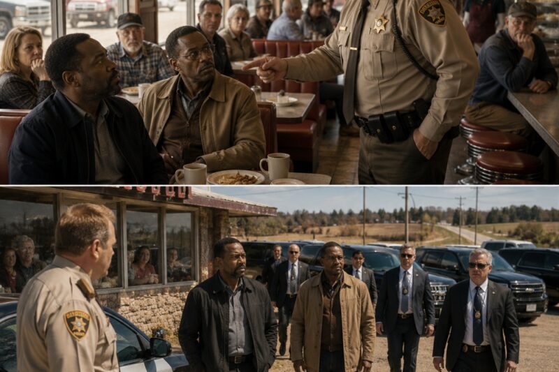 The deputy ordered two Black men out of a roadside diner like he was scraping mud off his boot. Four minutes later, six black SUVs rolled into the gravel parking lot, and the whole town learned those men were not powerless. But the worst part was not what the deputy said before the federal agents arrived—it was how many people heard him and kept eating.