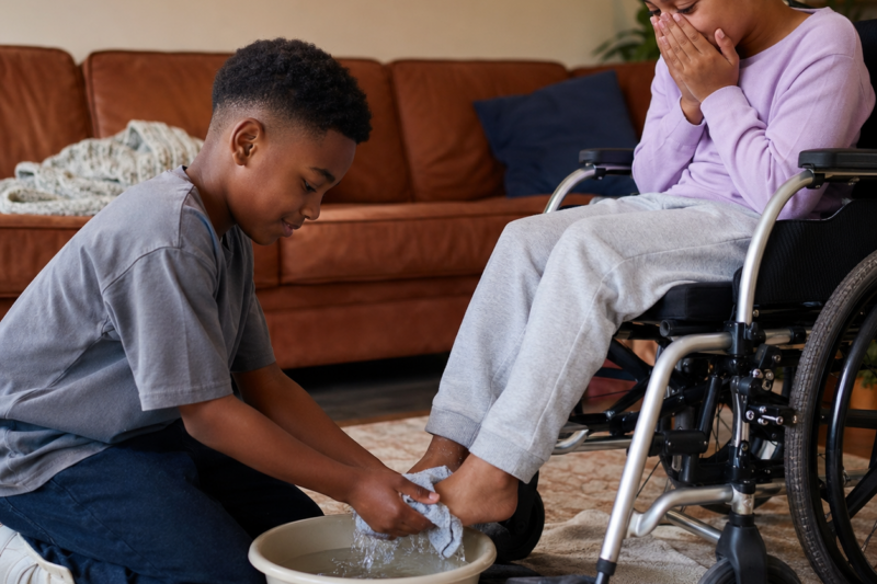 THE GIRL HAD NOT MOVED HER FEET IN MONTHS, BUT A BAREFOOT BOY WITH A PLASTIC BASIN KNELT IN THE GRASS LIKE HE ALREADY KNEW SHE COULD. HER FATHER WAS STILL TOO FAR AWAY TO HEAR WHAT THE BOY SAID, BUT HE SAW THE EXACT MOMENT HOPE RETURNED TO HIS DAUGHTER’S FACE. THEN THE BOY LIFTED A THIN SILVER ANKLE CLASP FROM THE WATER, AND THE GIRL REALIZED THIS WAS NEVER JUST A SIMPLE FOOT BATH.
