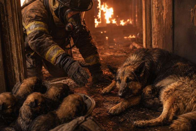 SHE RAN INTO THE FIRE SIX TIMES.  FIVE TIMES, SHE CAME BACK WITH A PUPPY IN HER MOUTH.  THE SIXTH TIME, SHE DIDN’T COME OUT… AND THAT WAS WHEN I RAN IN AFTER HER.