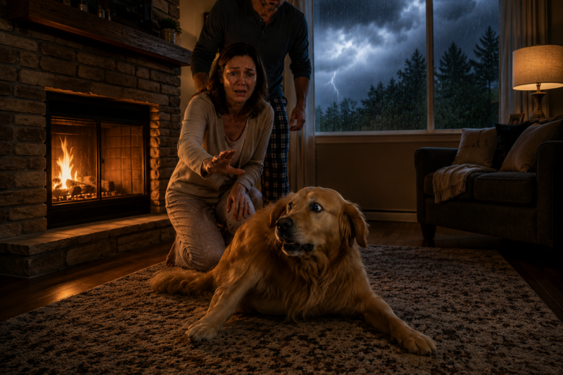 THE FIRST MORNING BAILEY WOKE UP BACK HOME, NONE OF US MOVED.  AFTER NEARLY TWO YEARS OF SEARCHING, OUR LOST GOLDEN RETRIEVER WAS BREATHING BESIDE THE FIREPLACE AGAIN.  BUT WHEN THUNDER RUMBLED OUTSIDE, THE WAY HE REACTED TOLD US HE HAD NOT COME BACK THE SAME DOG.