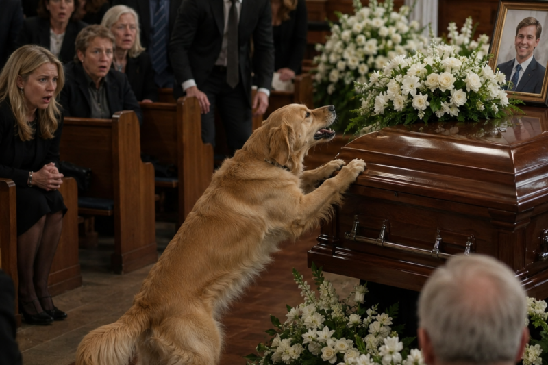 THE DOG STARTED SCRATCHING THE CASKET BEFORE THE PRAYER WAS EVEN OVER.  EVERYONE THOUGHT MAX WAS JUST GRIEVING HIS OWNER.  BUT WHEN THE GOLDEN RETRIEVER BEGAN WHINING LIKE SOMETHING INSIDE THAT COFFIN WAS STILL CALLING HIM, THE ENTIRE CHURCH WENT SILENT.