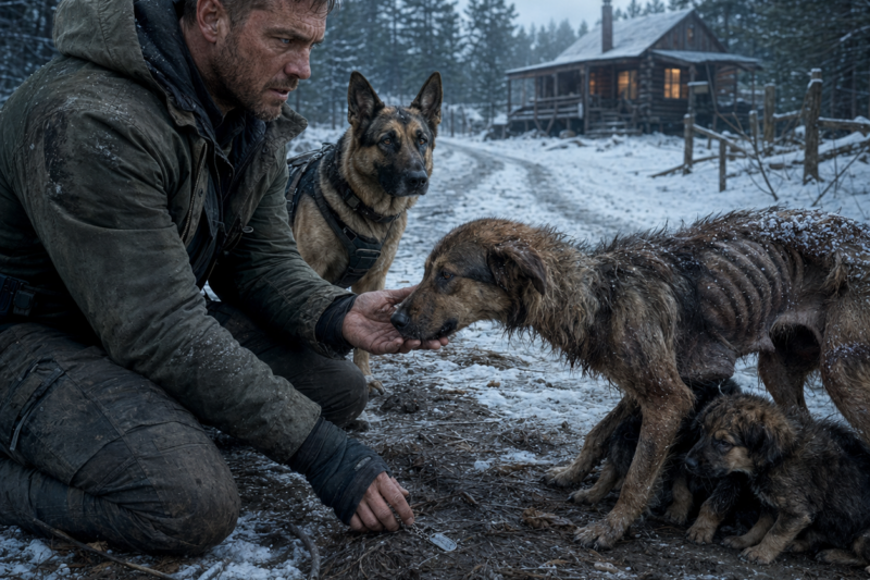 The starving mother dog reached the former Navy SEAL and placed her frozen muzzle against his hand like she had carried a secret too heavy to survive alone.