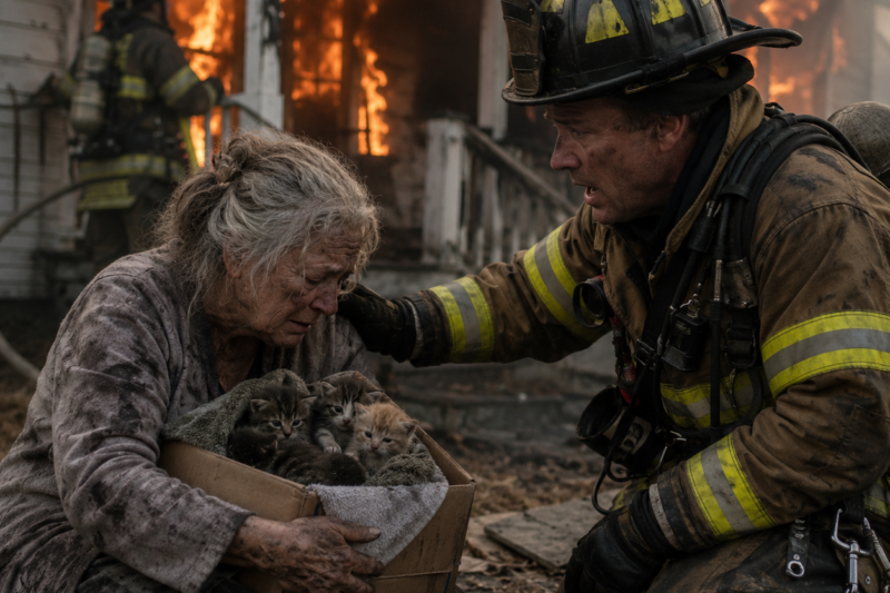 THE HOUSE WAS BURNING BEHIND HER.  SHE WAS TOO WEAK TO STAND, BUT SHE STILL REFUSED TO LEAVE.  THEN THE FIREFIGHTER SAW THE TINY SECRET SHE WAS PROTECTING IN THE SMOKE.