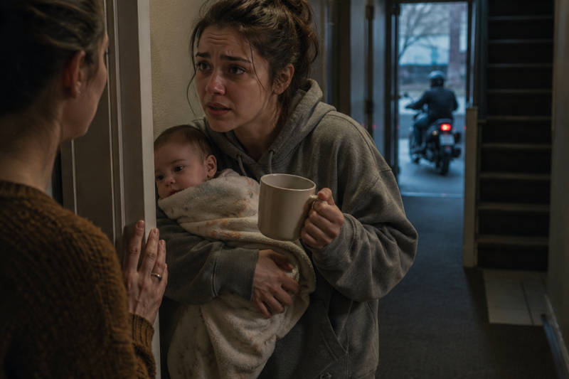 My neighbor came over every day to borrow sugar with her baby in her arms, and I thought she was just an unorganized young woman. Until one morning she whispered: “I’m not here for sugar, Mrs. Carmen… I’m here because it’s the only way he lets me leave the apartment alive.”