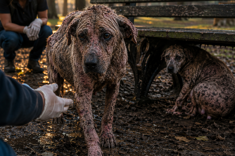 THE MALE DOG WALKED TOWARD ME WITH EMPTY EYES, THEN LOOKED BACK AT HIS PREGNANT PARTNER AS IF HE WAS BEGGING ME NOT TO LEAVE HER BEHIND.