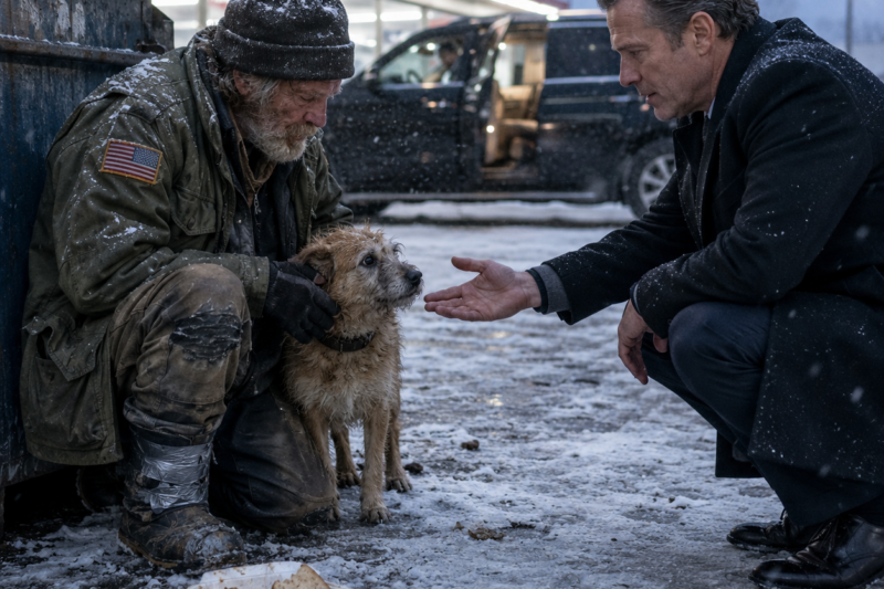 THE OLD MAN FED THE DOG FIRST.  THE MILLIONAIRE WATCHED FROM A WARM SUV.  THEN HE REALIZED CHARITY WOULD BREAK HIM.