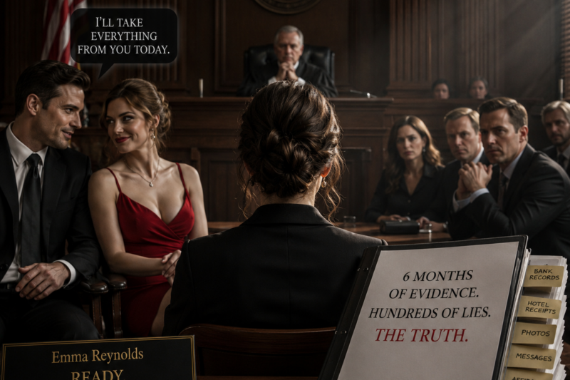 MY HUSBAND WHISPERED IN COURT, “I’LL TAKE EVERYTHING FROM YOU TODAY.” HE SMILED BESIDE HIS MISTRESS… BUT HE DIDN’T KNOW I HAD SPENT SIX MONTHS PREPARING TO DESTROY EVERY LIE HE TOLD.  He thought I was walking into that courtroom as his broken wife. He thought the woman in the red dress had already won my life. He thought my silence meant fear… but it was the sound of a trap closing.