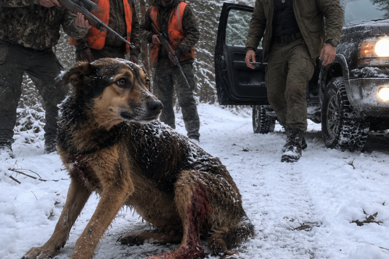 THE HUNTERS HAD THE STRAY DOG CORNERED IN THE SNOW, AND ONE OF THEM HAD ALREADY LIFTED HIS RIFLE. SHE WAS STARVING, BLEEDING, AND DRAGGING ONE BACK LEG, BUT SHE KEPT LOOKING PAST THEM INTO THE FOREST LIKE SOMEONE WAS STILL WAITING FOR HER.