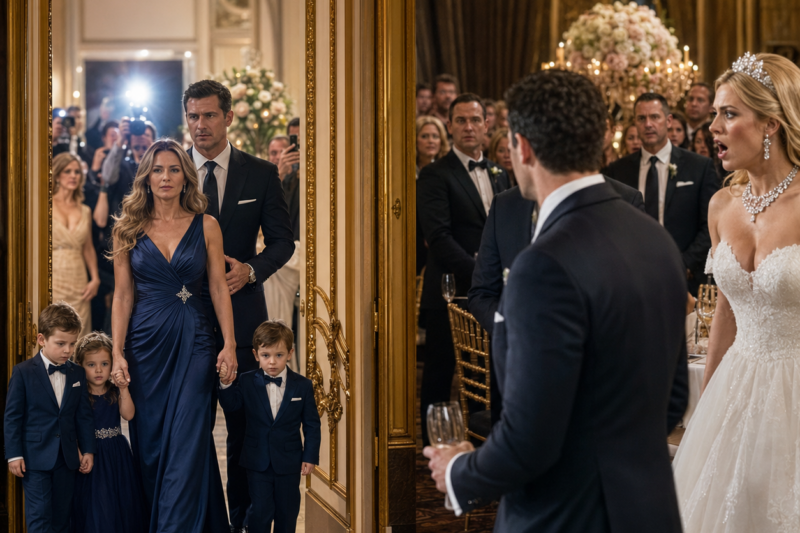 He invited her to be laughed at.  She arrived with their children.  And the ballroom stopped breathing.