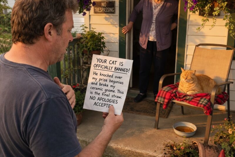 The Note Said My Cat Was Banned Until He Apologized—But His Blanket Was Already on Her Porch