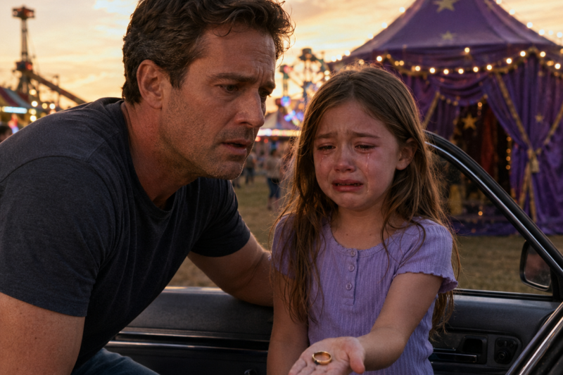 THE LITTLE GIRL BEGGED HER FATHER TO LEAVE THE FAIR BEFORE SUNSET, BUT SHE WOULD NOT TELL HIM WHY. THEN SHE OPENED HER SMALL FIST AND SHOWED HIM A GOLD RING THAT SHOULD HAVE BEEN UNDER THE GROUND FOR TEN YEARS. WHEN SHE POINTED TOWARD THE FORTUNE-TELLER TENT AND WHISPERED, “MY REAL MOM IS WAITING FOR US,” THE LIGHTS OF THE FAIR STOPPED FEELING LIKE A CELEBRATION.