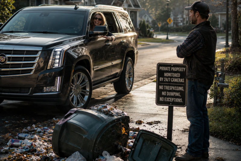 THE HOA WOMAN HIT MY TRASH CAN EVERY TUESDAY MORNING LIKE IT WAS HER PERSONAL SPEED BUMP. SHE SMILED FROM HER PEARL-WHITE ESCALADE WHILE MY GARBAGE SPILLED ACROSS THE DRIVEWAY. SHE DIDN’T KNOW THE NEXT CAN WOULDN’T MOVE AN INCH.