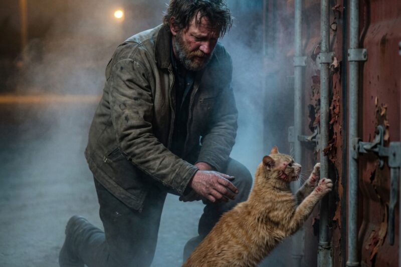 THE ONE-EARED ORANGE CAT WOULD NOT LET GO OF THE MECHANIC’S JEANS.  HE CLAWED AT A RUSTED SHIPPING CONTAINER ALL NIGHT UNTIL HIS PAWS BLED.  AND WHEN THE MECHANIC FINALLY LISTENED, THE SOUND BEHIND THAT STEEL DOOR CHANGED HIM FOREVER.
