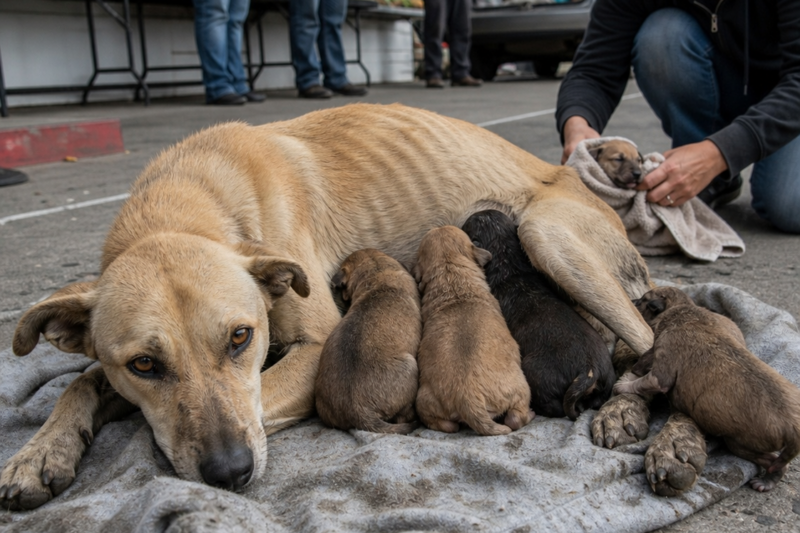 The stray dog could barely stand in the sun at the bus terminal…