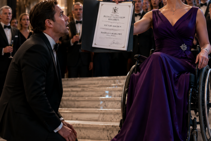 THE MAN KNEELING ON THE MARBLE STEPS THOUGHT AN APOLOGY WOULD SAVE HIM. CLARA SAT ABOVE HIM IN A PURPLE GOWN, ONE HAND ON HER WHEELCHAIR, THE OTHER RESTING ON A FOLDER HE WAS NEVER SUPPOSED TO SEE. BUT WHEN SHE OPENED IT IN FRONT OF THE ENTIRE BOARDROOM GALA, HIS FEAR FINALLY LOOKED LOUDER THAN HIS REGRET.