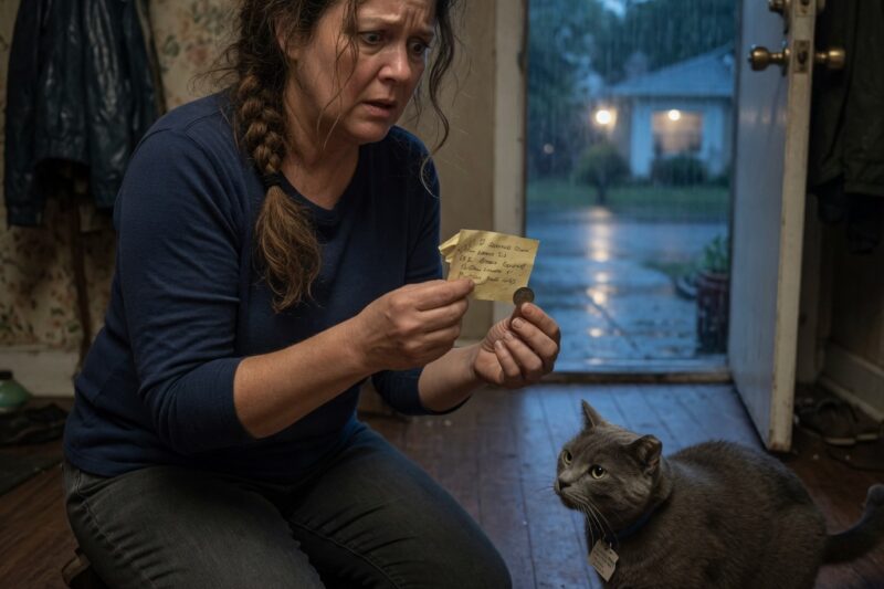 MY CAT CAME HOME WITH A COIN TAPED TO HIS COLLAR.  I THOUGHT HE HAD STOLEN SOMEONE’S JUNK UNTIL I READ THE NOTE BESIDE IT.  THEN I REALIZED MY LAZY GRAY CAT HAD BEEN VISITING A GRIEVING MAN WHO HAD STOPPED SPEAKING