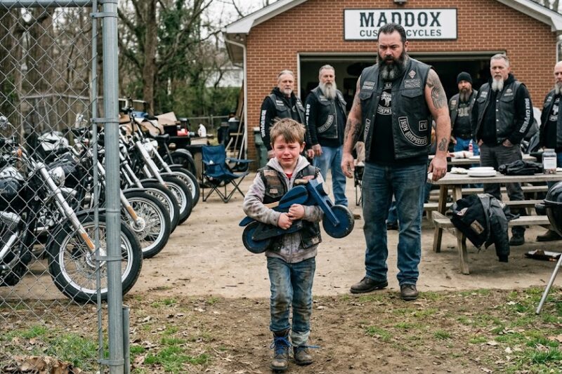 THE LITTLE BOY RAN INTO THE BIKER YARD CRYING. HE WAS HOLDING A TOY MOTORCYCLE LIKE IT WAS ALL HE HAD LEFT. THEN THE BIGGEST MAN THERE SAW THE CARVED BLACK STRIPE AND WENT SILENT.