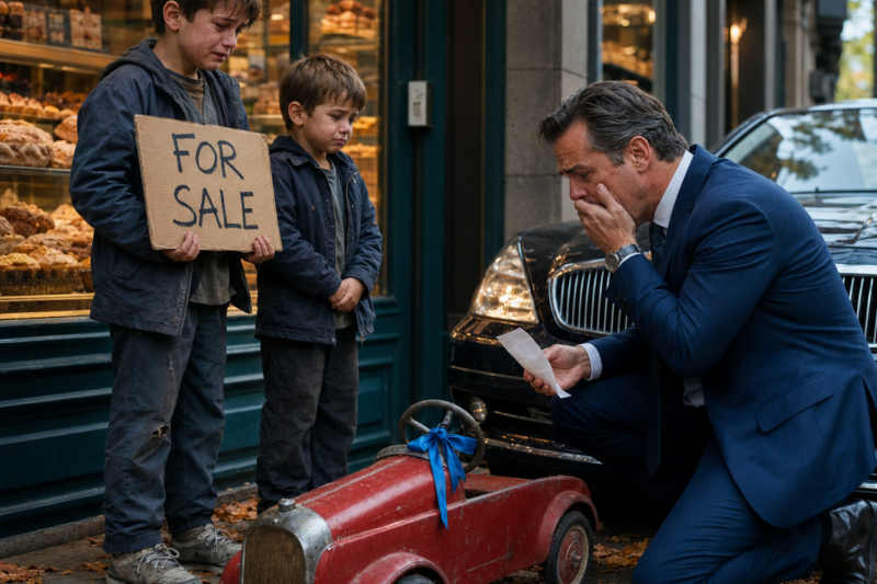 THE LITTLE RED PEDAL CAR SAT ON THE AUTUMN SIDEWALK WITH A FOR SALE SIGN TAPED TO ITS FRONT. THE MAN IN THE BLUE SUIT THOUGHT TWO BOYS WERE SELLING AN OLD TOY UNTIL HE SAW THE RIBBON TIED AROUND THE STEERING WHEEL. THEN A PHARMACY RECEIPT SHOWED HIM A NAME HE HAD SPENT YEARS TRYING TO BURY INSIDE HIS HEART.