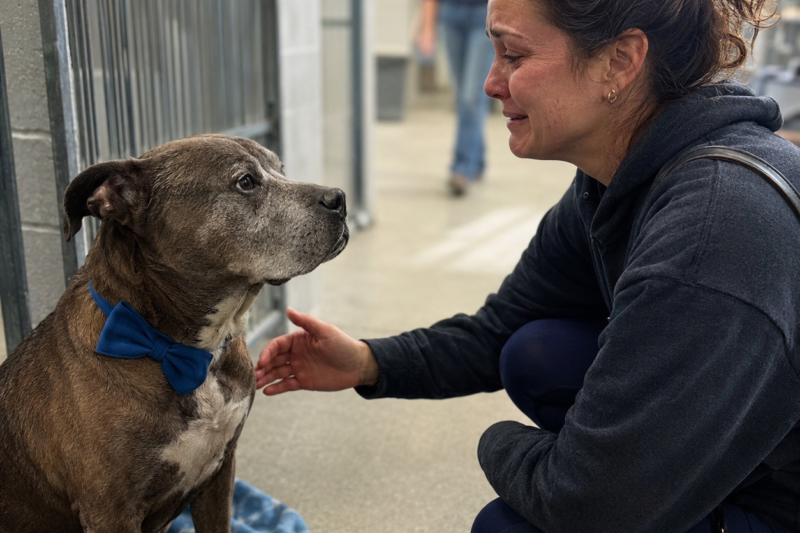 THEY SAID MOST PEOPLE DON’T WANT SENIOR PIT BULLS. BUT BRUNO STILL SAT UP STRAIGHT WITH A LITTLE BLUE BOW TIE, LIKE HE BELIEVED SOMEONE MIGHT CHOOSE HIM. AND THE WOMAN WHO WALKED INTO THAT SHELTER NEVER EXPECTED AN OLD DOG TO SAVE HER, TOO.