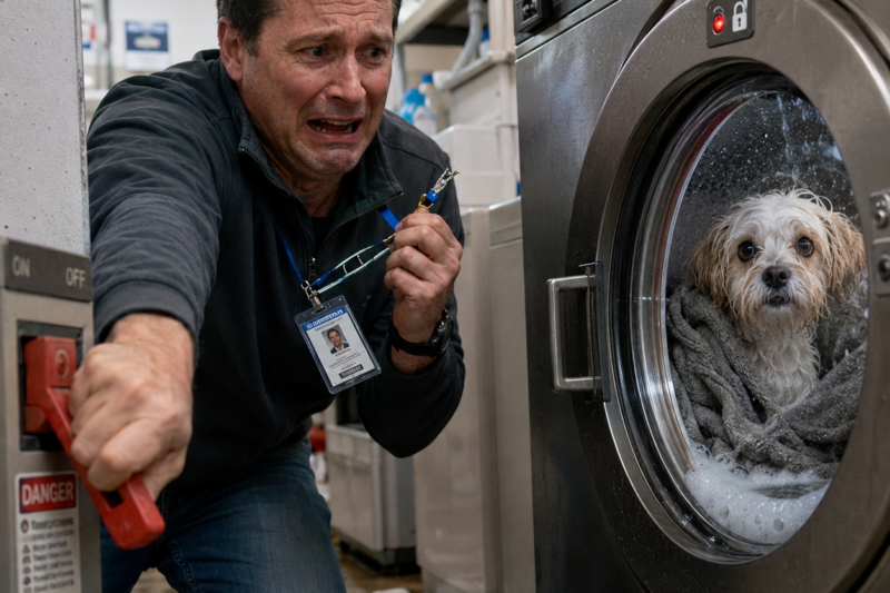 I SAW A BREATHING SHAPE INSIDE THE WASHING MACHINE AFTER THE DOOR HAD ALREADY LOCKED.  A SOAKED LITTLE HAVANESE WAS SPINNING IN SOAPY WATER WITH A GRAY WOOL BLANKET WRAPPED AROUND HER BODY.  I PULLED THE EMERGENCY BREAKER INSTEAD OF WAITING FOR PERMISSION, AND MY BADGE SNAPPED IN HALF IN MY HAND.