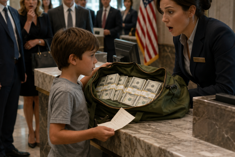 THE BOY DID NOT COME TO THE BANK BEGGING FOR HELP—HE CAME CARRYING A GREEN DUFFEL BAG FULL OF HUNDRED-DOLLAR BILLS. THE TELLER THOUGHT HE WAS LOST UNTIL HE SAID HIS MOTHER TOLD HIM TO OPEN AN ACCOUNT BEFORE HIS UNCLE FOUND THE MONEY. BUT WHEN HE HANDED HER A NOTE THAT SAID “ONLY OPEN THIS IF I DISAPPEAR,” THE WHOLE BANK STOPPED FEELING SAFE.