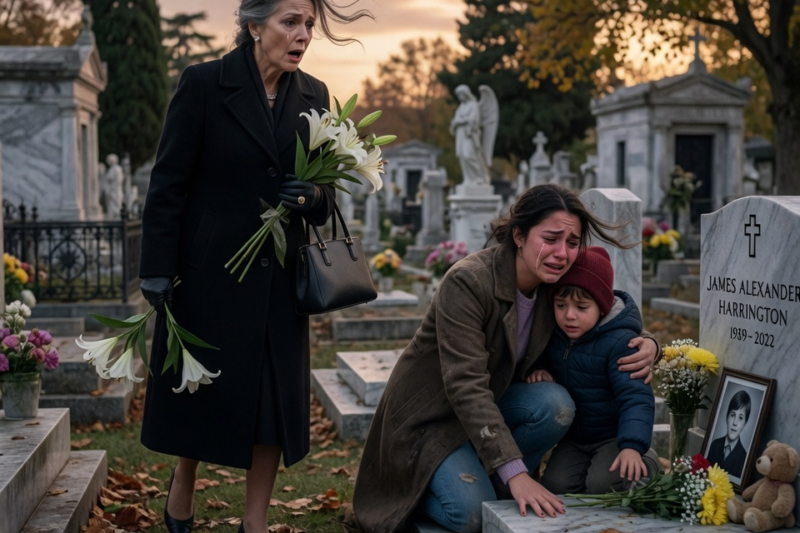 THE BILLIONAIRE MOTHER CAME TO HER SON’S GRAVE WITH WHITE LILIES IN HER HANDS—AND FOUND A MEXICAN WOMAN SOBBING THERE WITH A LITTLE BOY IN HER ARMS.