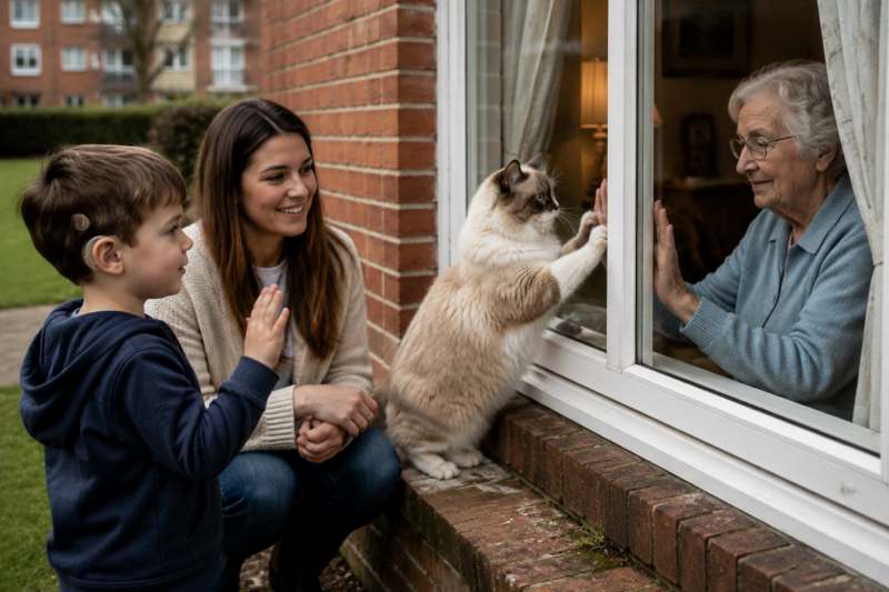 I THOUGHT MY CAT WAS HAVING A SECRET ROMANCE THROUGH THE NEIGHBOR’S WINDOW.  EVERY AFTERNOON, HE PRESSED HIS PAWS TO THE GLASS LIKE SOMEONE WAS WAITING FOR HIM.  THEN I SAW THE HAND ON THE OTHER SIDE, AND THE TRUTH BROKE MY HEART.