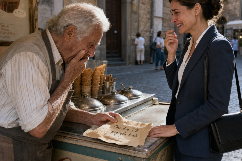 THE OLD ICE CREAM VENDOR THOUGHT THE LITTLE GIRL HAD FORGOTTEN THE CONE HE GAVE HER YEARS AGO. HE HAD BEEN WRONG. WHEN THE BLACK CAR STOPPED BESIDE HIS FAILING CART AND THE WOMAN IN THE BLUE SUIT PLACED AN OLD NAPKIN ON THE COUNTER, HIS PAST CAME BACK WITH TEARS IN ITS EYES.