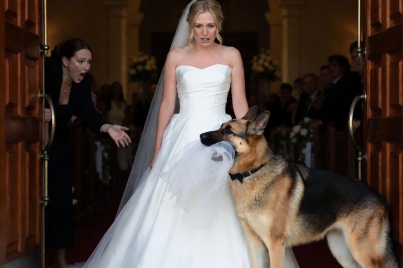 THE BRIDE WAS FIVE SECONDS AWAY FROM WALKING DOWN THE AISLE WHEN A 90-POUND GERMAN SHEPHERD BLOCKED HER PATH.  HE GROWLED AT THE WEDDING PLANNER, TOOK HOLD OF HER DRESS, AND TRIED TO PULL HER AWAY FROM THE CHURCH DOORS.  WHEN CLARA LOOKED INTO THE DOG’S EYES, SHE RECOGNIZED THE SAME ALERT HER FATHER HAD TRUSTED WITH HIS LIFE.