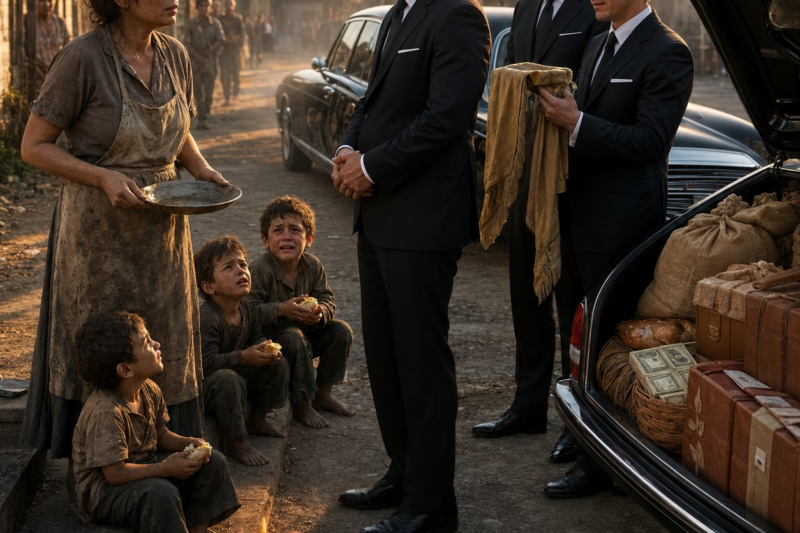 THE WOMAN GAVE THREE STARVING BOYS THE LAST BREAD SHE HAD, THEN SMILED LIKE HER OWN STOMACH WASN’T EMPTY. SHE THOUGHT NO ONE WOULD EVER REMEMBER A POOR WOMAN KNEELING BESIDE A TINY FIRE WITH AN EMPTY PLATE. BUT WHEN TWO BLACK LUXURY CARS ROARED INTO THE DUST YEARS LATER, THREE MEN STEPPED OUT AND SAID, “YOU ALREADY HELPED US.”