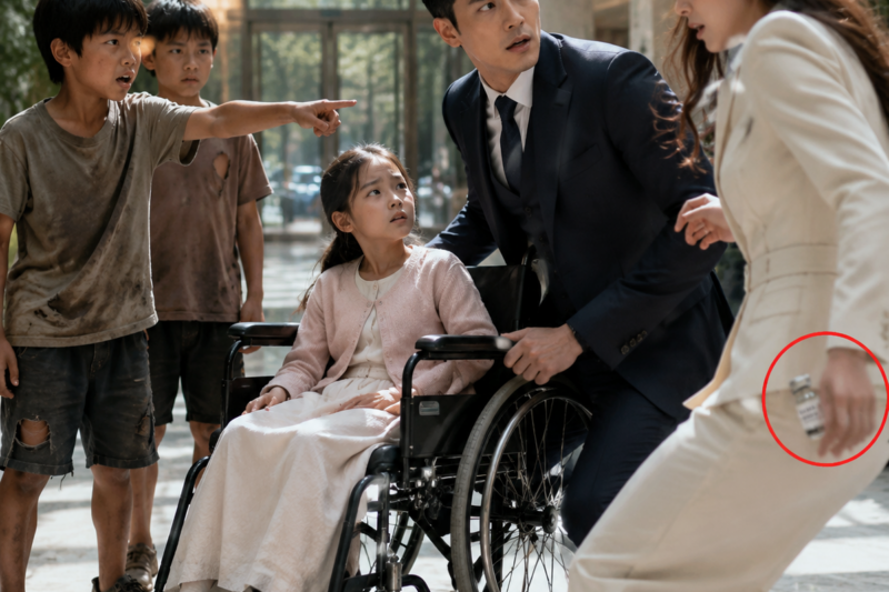 THE BOY’S VOICE CUT THROUGH THE GLASS ATRIUM BEFORE ANYONE COULD PRETEND THE PERFECT FAMILY SCENE WAS REAL. THE MILLIONAIRE STOOD BEHIND HIS DAUGHTER’S WHEELCHAIR, READY TO MARRY THE WOMAN BESIDE HIM, UNTIL A STREET BOY POINTED AT HER AND SAID SHE WAS THE REASON HIS CHILD COULD NOT WALK. THEN A TINY MEDICINE VIAL GLINTED UNDER THE FIANCÉE’S SLEEVE, AND THE WHOLE ROOM SEEMED TO LOSE ITS LIGHT.