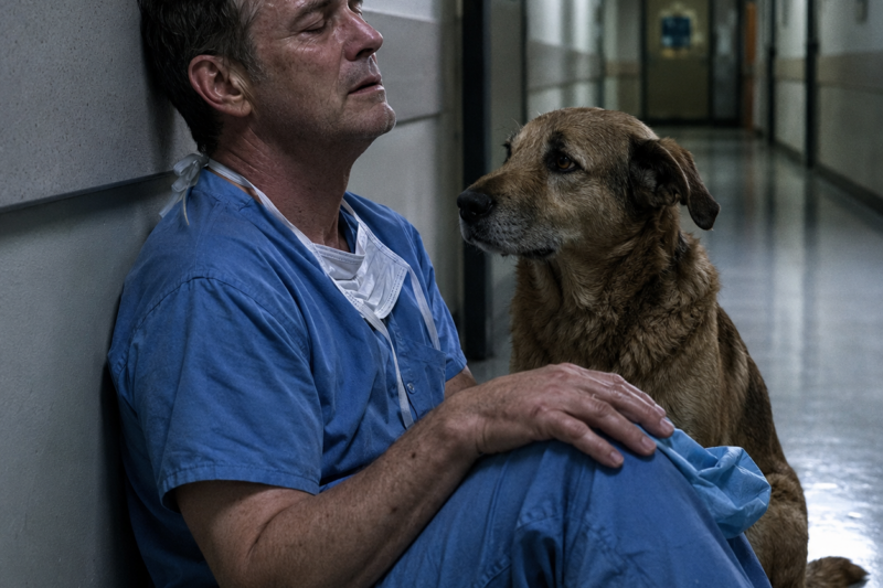 THE SURGEON SPENT 14 HOURS SAVING A GIRL’S LIFE — THEN A STRAY DOG FOUND HIM BREAKING IN A DARK HALLWAY