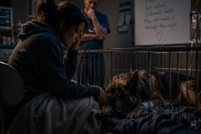 He lay on a heated blanket inside the emergency kennel, blond fur matted gray with dust, ribs showing beneath skin stretched too tight, one paw taped carefully to hold the IV in place.