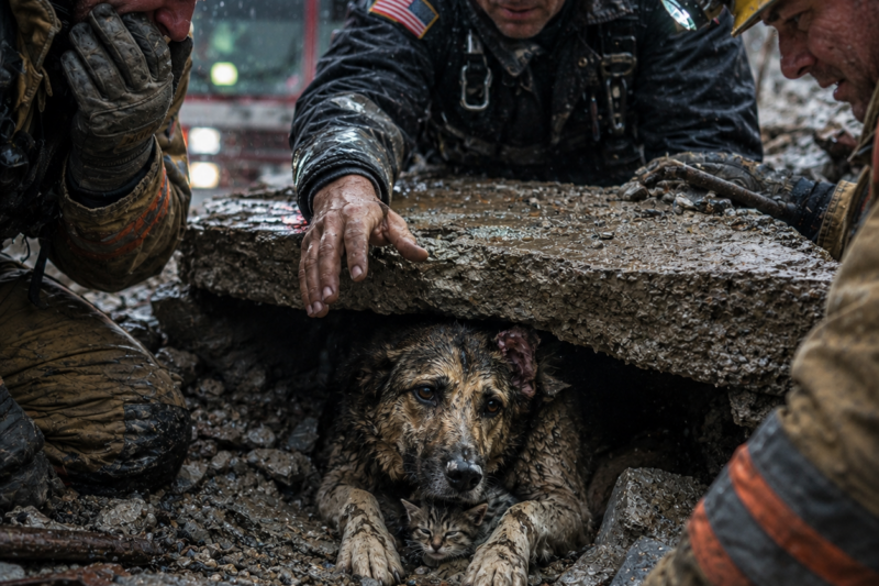 I THOUGHT NOTHING COULD STILL BE ALIVE UNDER THAT CONCRETE.  THEN I SAW THE DOG MOVE.  AND WHAT HE WAS HOLDING BETWEEN HIS PAWS BROKE EVERY RESCUER IN OHIO.