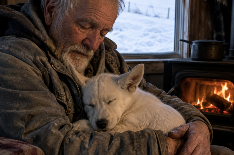 I WAS SEVENTY-FIVE AND ALONE WHEN THE STORM HIT.  I THOUGHT THE COLD WOULD FINALLY TAKE ME.  THEN A WHITE PUPPY LOOKED AT ME FROM THE SNOW LIKE SHE HAD BEEN SENT TO KEEP ME ALIVE.