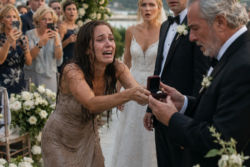 THE WEDDING WAS SUPPOSED TO LOOK LIKE A FAIRY TALE, UNTIL A SOAKED WOMAN STUMBLED DOWN THE AISLE AND DESTROYED THE SILENCE. THE GROOM WAS HOLDING THE RING WHEN SHE SCREAMED THE ONE SENTENCE NO BRIDE SHOULD EVER HEAR. BUT WHEN AN OLD VELVET BOX OPENED IN FRONT OF THE FAMILY, THE TRUTH INSIDE MADE THE GROOM’S FACE TURN WHITE.