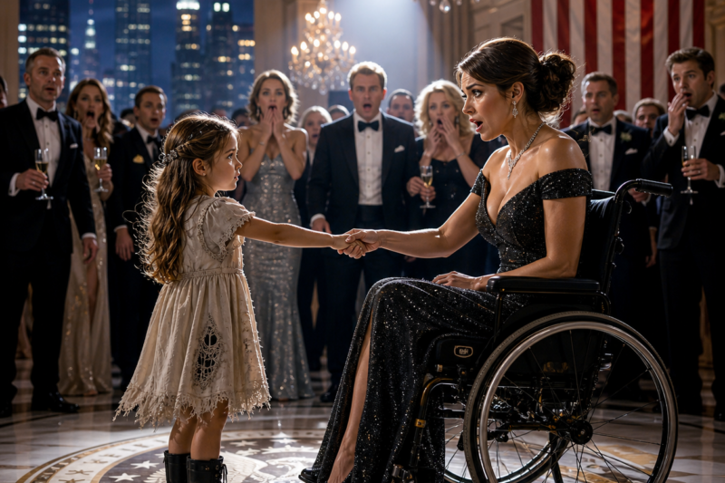 THE LITTLE GIRL WALKED INTO THE GALA, TOOK THE MILLIONAIRE’S HAND, AND SAID, “STAND UP”  The entire ballroom laughed when the poor girl in the faded dress walked toward the woman in the wheelchair. Then the girl grabbed her hand, counted to three, and whispered two words that made every rich person in that New York hall stop breathing. Because when the woman stood up for the first time in years, it was not a miracle that scared them—it was the secret the child carried in her pocket.