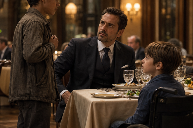 THE RAGGED LITTLE GIRL SLAMMED HER DIRTY HAND ONTO THE MILLIONAIRE’S TABLE AND PROMISED TO HEAL HIS SON FOR A MEAL. THE FATHER LAUGHED IN HER FACE, BUT THE BOY IN THE WHEELCHAIR LOOKED AT HER LIKE SHE WAS THE FIRST PERSON WHO HAD EVER SEEN HIM. THEN HIS HAND MOVED, HIS FOOT SLIPPED FROM THE REST, AND THE ENTIRE RESTAURANT FORGOT HOW TO BREATHE
