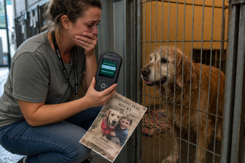 THE GOLDEN RETRIEVER HAD BEEN IN KENNEL SEVEN FOR TEN DAYS, QUIETLY WAITING LIKE HE STILL BELIEVED SOMEONE WOULD RECOGNIZE HIM.  THE SHELTER CALLED HIM ROCKY BECAUSE HE HAD NO COLLAR, NO TAGS, AND NO NAME ANYONE COULD PROVE.  BUT WHEN JESSICA SCANNED HIS MICROCHIP ONE MORE TIME, THE NUMBER ON THE SCREEN MADE HER STOP BREATHING.